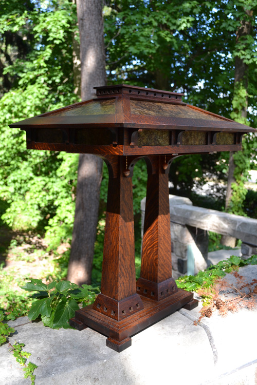 Prairie Craftsman Double Pedestal Table, Prairie Style 20 High Pillar Accent Table Lamp